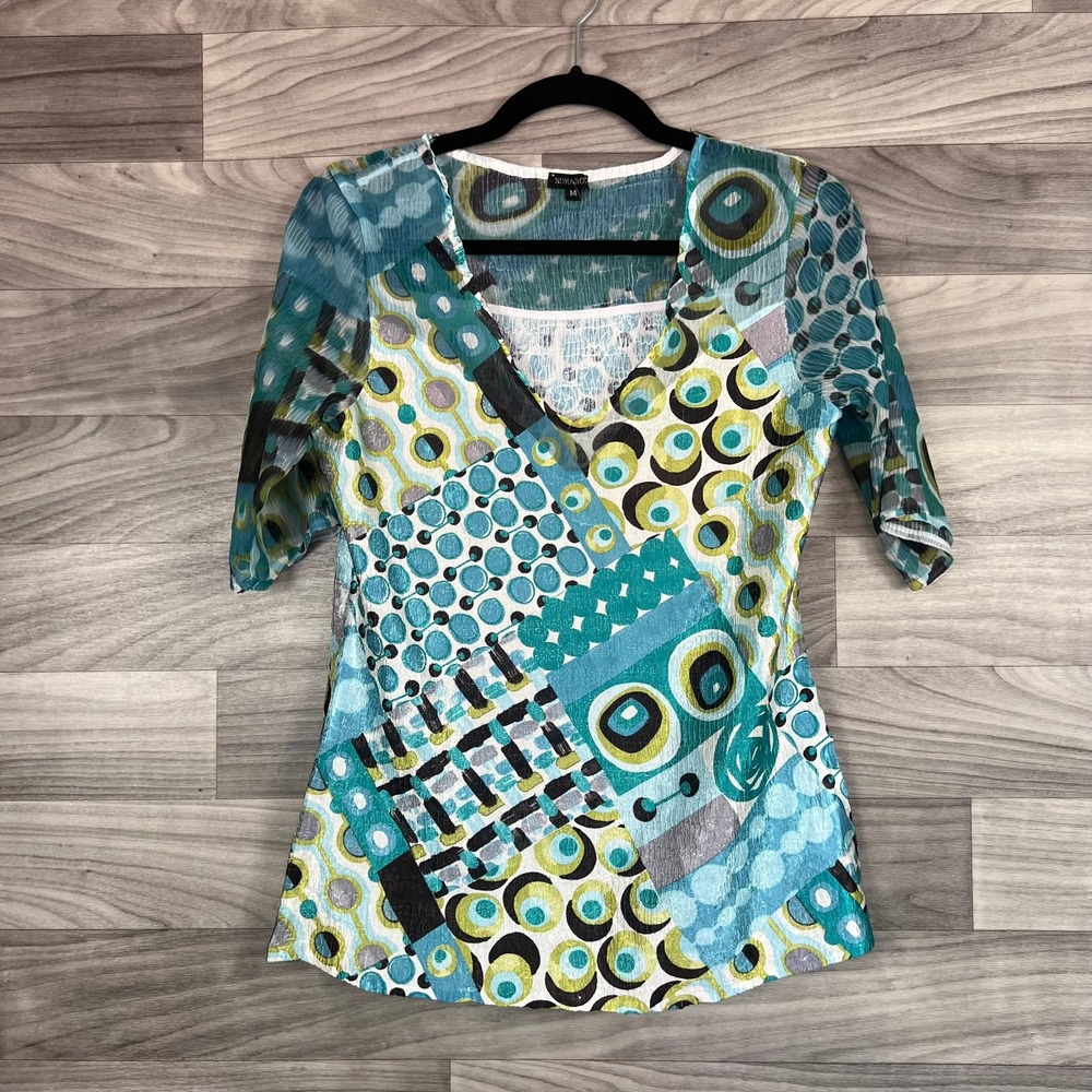 Komarov Blouse Womens Medium Multicolor Crinkle Geometric V-Neck Short‎ Sleeve